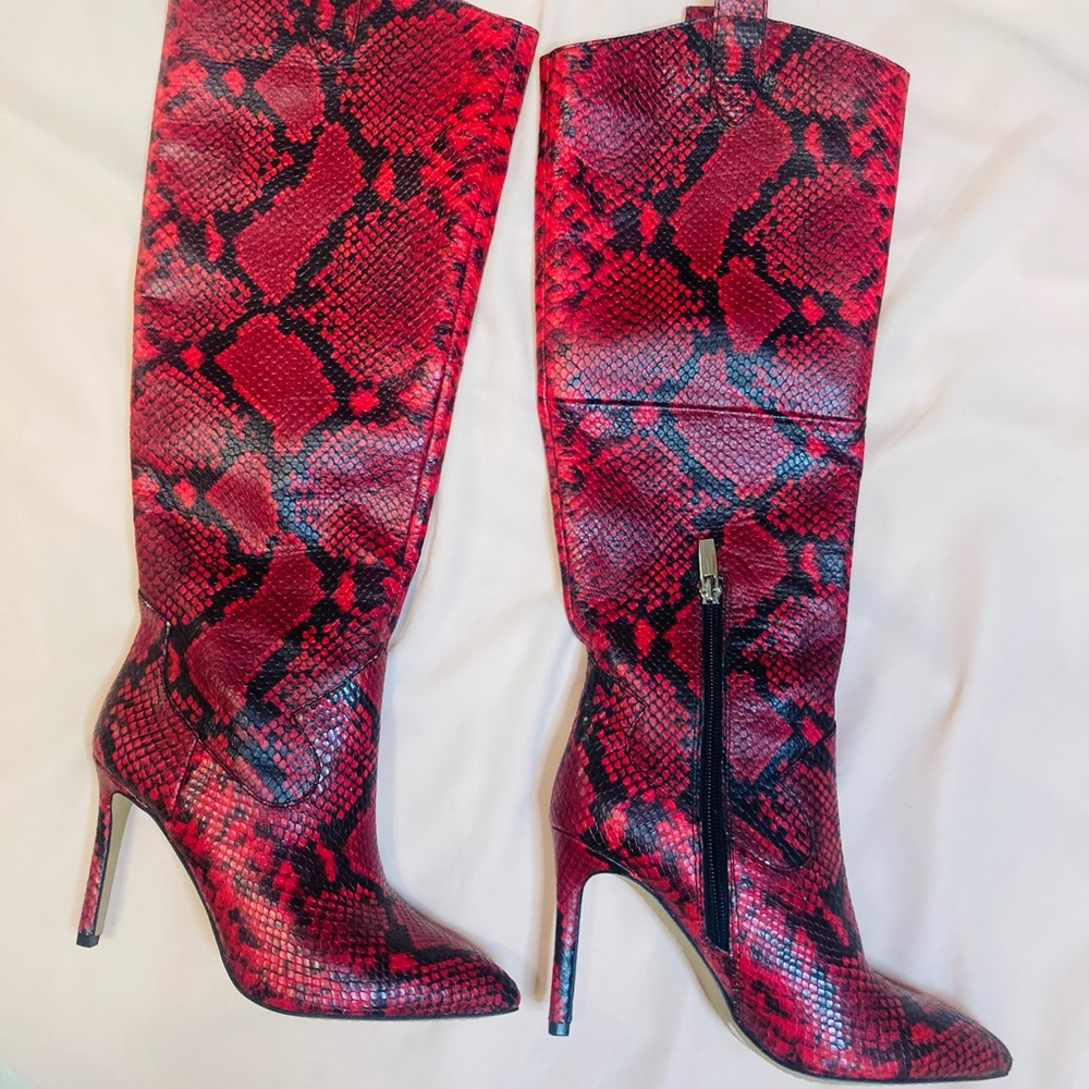 Red snakeskin knee highs